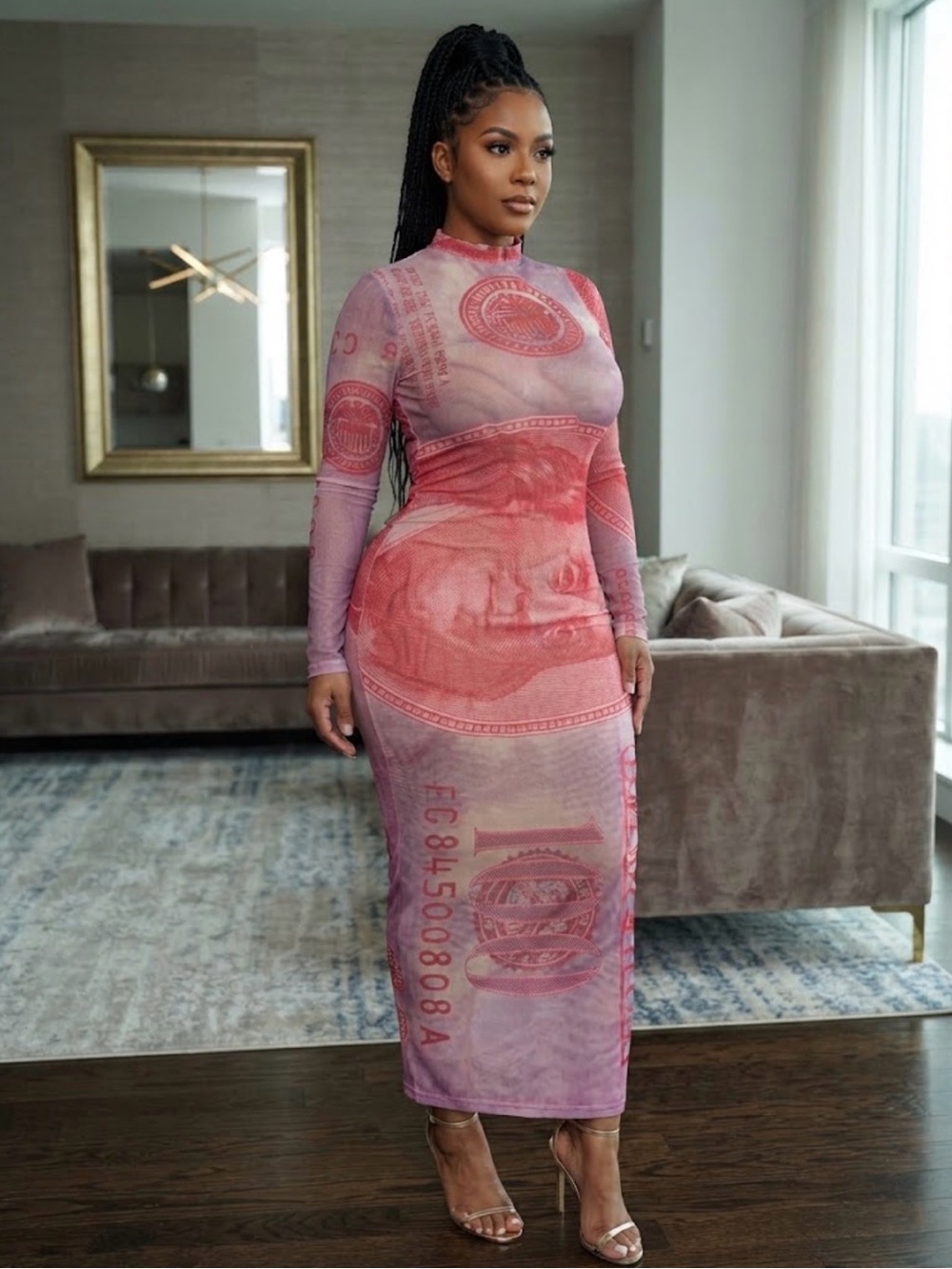 Long Sleeve Red money Bodycon Midi Dress